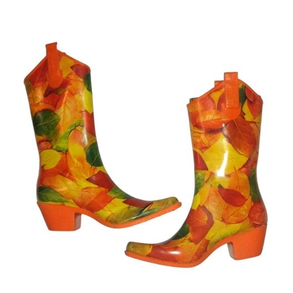 Cowboy Rain Boots Fall Leaves on an orange heel Cowboy Boots Rubber Rain Boots 6 - Picture 1 of 7